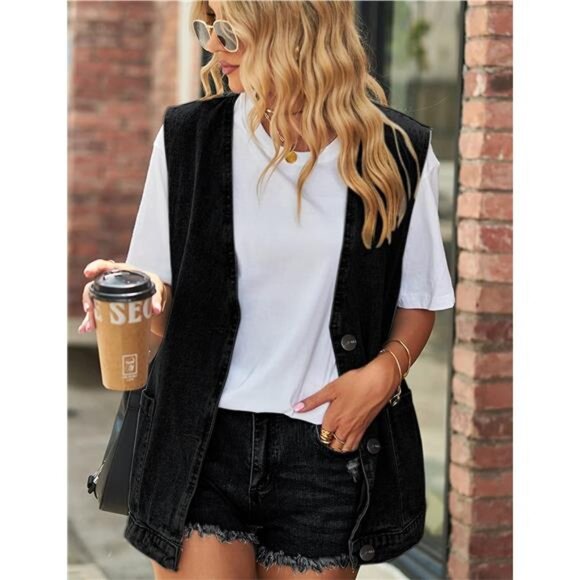 New Women's Cropped Distressed Denim Vest - Ripped Sleeveless Jean Jacket with - Picture 3 of 7